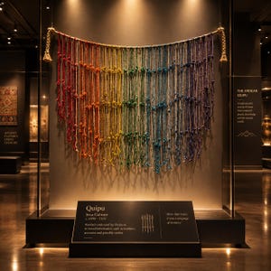 Op de afbeelding: Een Inca Quipu-display met een reeks veelkleurige geknoopte koorden gerangschikt in een spectrum van rood tot violet, opgehangen aan een dik touw. Een zwart informatiebord eronder vermeldt Quipu, Inca-cultuur, ca. 1400-1532, en beschrijft het.