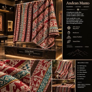 May include: An Andean Manto textile featuring intricate red, white, and teal geometric and animal patterns. The handwoven fabric is displayed on a stand and draped over furniture, showcasing detailed woven motifs and natural sheep wool texture.