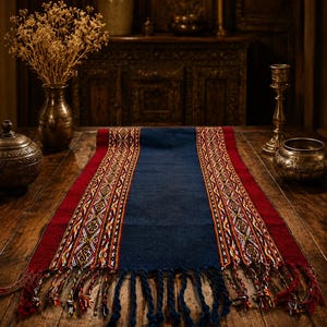 May include: A rectangular table runner featuring a solid dark blue center panel flanked by wide red borders with intricate geometric patterns in white, yellow, and black. The ends are finished with long, twisted fringe tassels in matching colors.