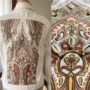 Women&#39;s White Boho Denim Jacket *X-Large* Cowrie Shell Embellished Hippie Jean Jacket