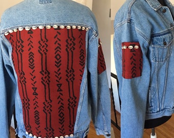 Men's African Mudcloth Denim Jacket *Medium* Cowrie Shell Embellished Jean Jacket