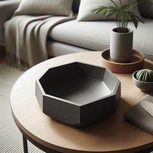 Könnte beinhalten: Eine dunkelgraue, geometrisch geformte Dekoschale steht auf einem runden Couchtisch aus hellem Holz. Die Schale hat ein facettiertes Design und ist leer. Weitere Gegenstände auf dem Tisch sind eine kleine Topfpflanze, ein Holztablett und ein kleiner Kaktus.