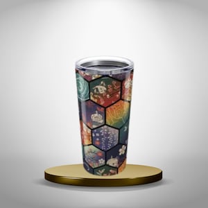 Japanese Hexagon Mosaic Tumbler 20oz, Colorful Kimono Pattern Insulated Drinkware, Asian Patchwork Travel Cup, Unique Japan Gift