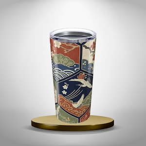 Kimono Crane Pattern Tumbler 20oz, Japanese Patchwork Insulated Drinkware, Sakura Wave Travel Cup, Unique Japan Inspired Gift