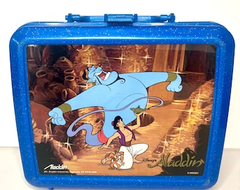 Lonchera vintage azul de Disney Aladdin de 1992 sin termo, con el Genio de Robin Williams, década de 1990