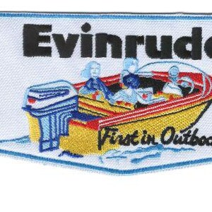 May include: A trapezoidal embroidered patch featuring the text Evinrude and First in Outboards in black. The design shows a yellow and red motorboat with a blue outboard motor and three figures. A ruler shows the patch is approximately 3.5 inches wide.