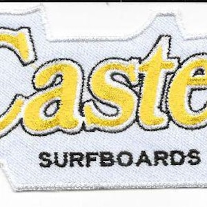May include: Embroidered patch with the word "Caster" in yellow script, outlined in black, above the word "Surfboards" in black, all on a white background. The patch has a unique shape with a white border.
