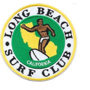 May include: Circular embroidered patch with the text "LONG BEACH SURF CLUB CALIFORNIA". The patch features a surfer on a surfboard, with a yellow outline of California. The patch has a white, green, and yellow color scheme.
