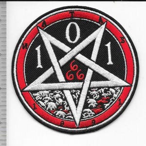 May include: A circular embroidered patch featuring a white pentagram on a black background with red accents. The numbers 1, 0, 1, 1 are placed around the star, with 666 in red at the center. A ruler shows the patch is approximately 4 inches wide.