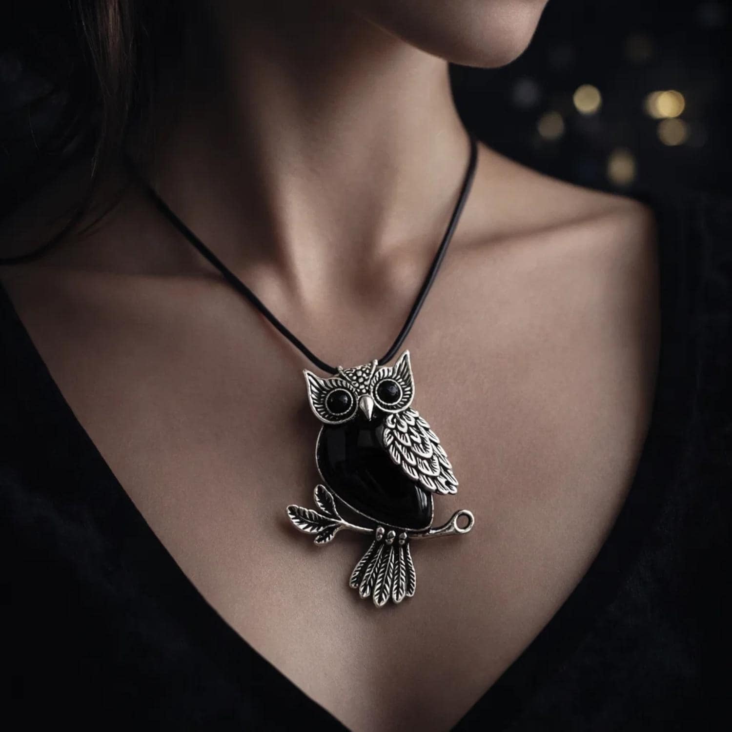 Black Onyx Owl Pendant Necklace, Vintage Silver Gothic Boho Jewelry