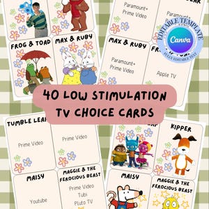 May include: A set of 40 low-stimulation TV choice cards. Each card features a different children's show, including "Blue's Clues," "Little Bear," "Frog & Toad," and "Max & Ruby." The cards are decorated with floral and star motifs.