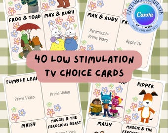 May include: A collection of 40 low-stimulation TV choice cards. The cards feature various children's shows such as "Blue's Clues," "Little Bear," "Frog & Toad," and "Max & Ruby." Floral and star designs decorate the cards.