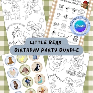 May include: A Little Bear birthday party bundle featuring printable activity sheets, colouring pages with bear illustrations, and circular stickers with various animal and character graphics. The set includes a nature scavenger hunt template.