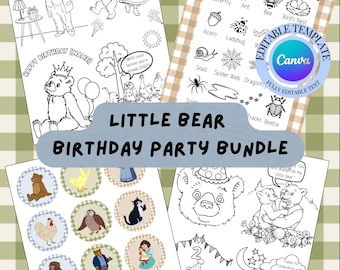 May include: A Little Bear birthday party bundle featuring printable activity sheets, colouring pages with bear illustrations, and circular stickers with various animal and character graphics. The set includes a nature scavenger hunt template.