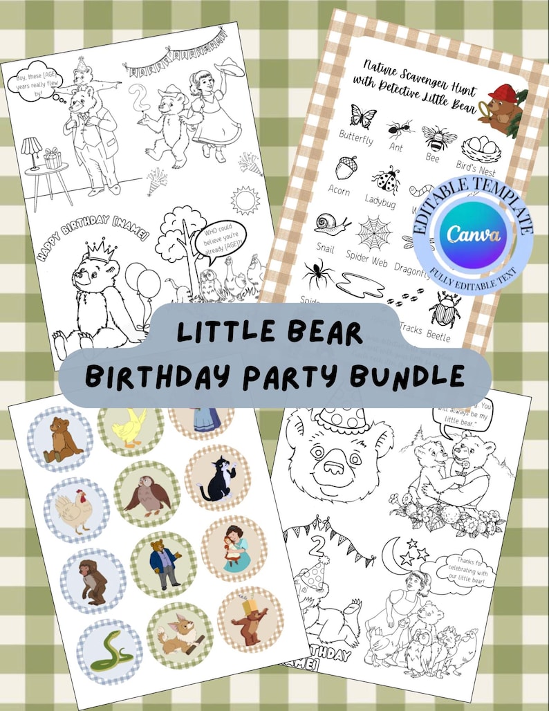 May include: A Little Bear birthday party bundle featuring printable activity sheets, colouring pages with bear illustrations, and circular stickers with various animal and character graphics. The set includes a nature scavenger hunt template.