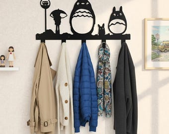 Totoro silhouet kapstok, metalen ghibli anime muurhanger, bushalte Totoro hal organizer, schattige bosgeest cartoon kapstok, muurhaak