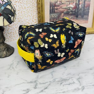 Quilted Cosmetic Bag Feathers Butterflies Print Multi-Use Travel Organizer Zippered Pouch Cotton Sustainable