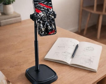 Adjustable Black Phone Stand for Desk, Telescopic Rotating Holder