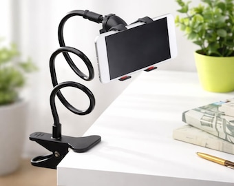 Gooseneck Black Cell Phone Holder, Hands-Free Bed Desk Mount
