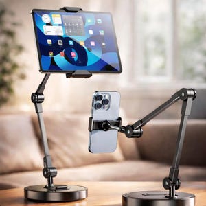 Soporte ajustable para tableta y teléfono con base ponderada y brazo giratorio de 360 grados