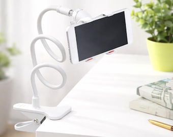Gooseneck White Cell Phone Holder, Hands-Free Bed Desk Mount