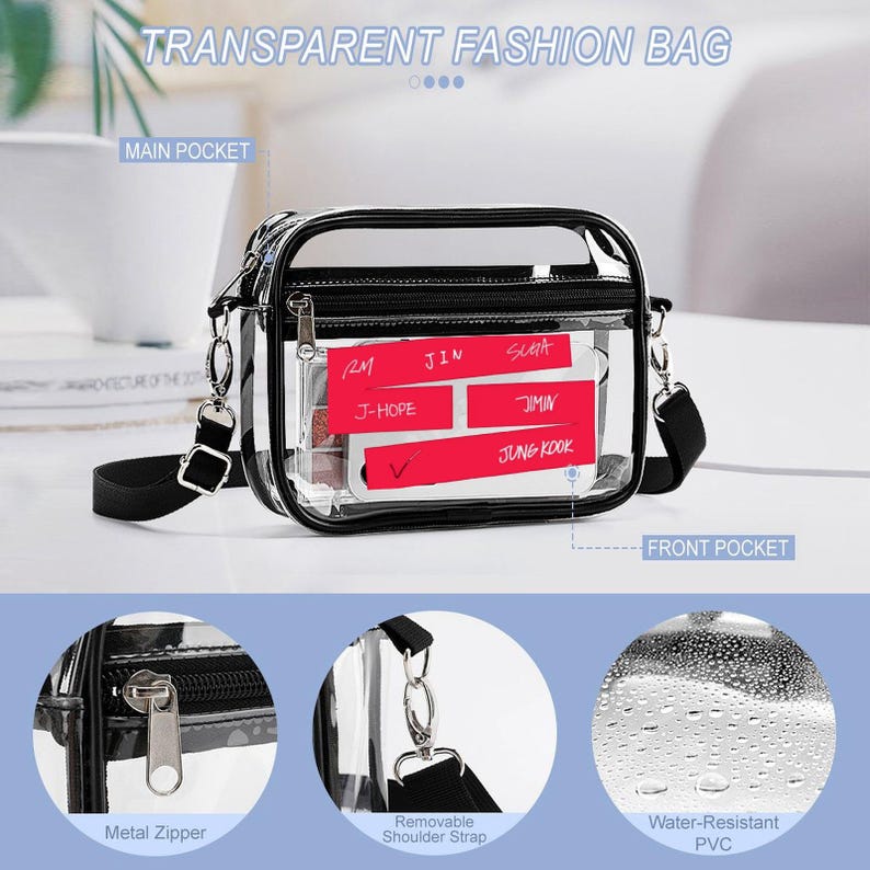 May include: A transparent fashion bag with a black top and strap. The bag has a front pocket and a main pocket. The bag has a removable shoulder strap and a metal zipper. The bag is water-resistant PVC. The bag has text that says "TRANSPARENT FASHION BAG".