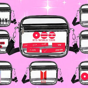 May include: Clear crossbody bags with black trim and adjustable straps. Each bag features a different BTS-themed design, including the BTS logo, silhouettes, and text like "BTS World Tour" and "ARMY".
