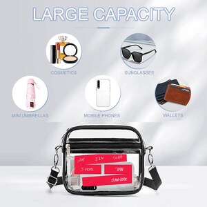 May include: A clear crossbody bag with a black trim and strap, showcasing its large capacity. The image highlights items like cosmetics, sunglasses, mini umbrellas, mobile phones, and wallets. The bag contains red labels with names.