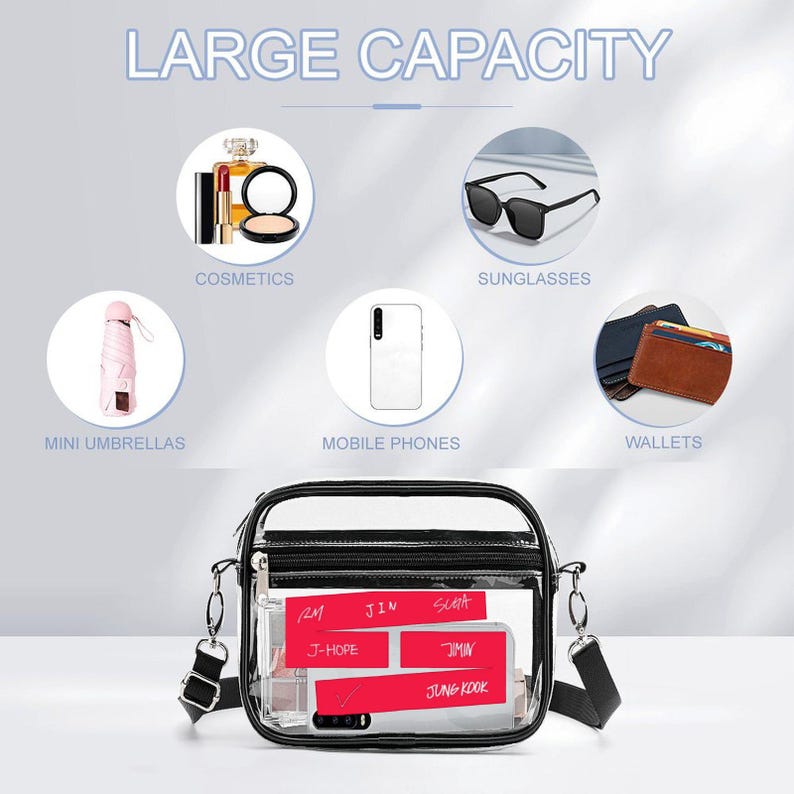 May include: A clear crossbody bag with a black trim and strap, showcasing its large capacity. The image highlights items like cosmetics, sunglasses, mini umbrellas, mobile phones, and wallets. The bag contains red labels with names.