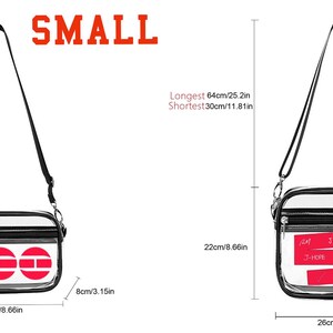 May include: Clear crossbody bag with black trim and a black adjustable strap. The bag is available in two sizes, small and large. The small bag is 22cm/8.66in wide and the large bag is 26cm/10.24in wide. The text "SMALL" and "LARGE" are displayed.