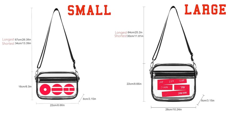 May include: Clear crossbody bag with black trim and a black adjustable strap. The bag is available in two sizes, small and large. The small bag is 22cm/8.66in wide and the large bag is 26cm/10.24in wide. The text "SMALL" and "LARGE" are displayed.
