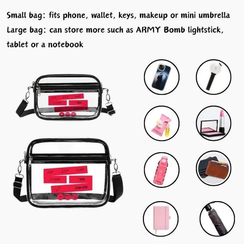 May include: Two clear crossbody bags with black trim and straps. The bags have red rectangular inserts. The image also shows examples of items that can be stored in the bags, including a phone, makeup, and a notebook.
