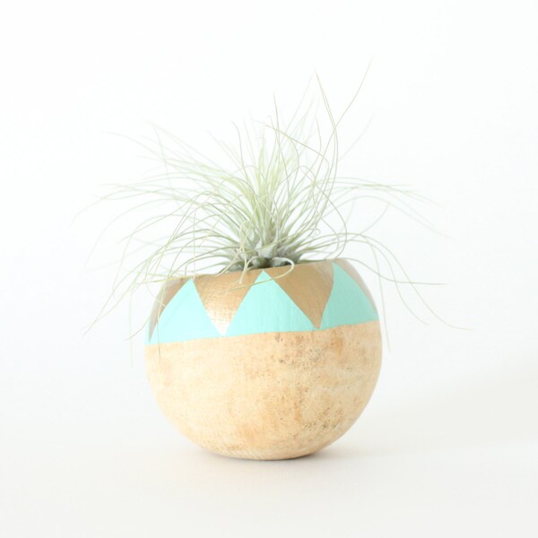 Air Planter Aqua & Gold Air Plant Pod Hand painted Air Plant Planter Terrarium with Geometric Mint and Metallic Triangles Modern Planter