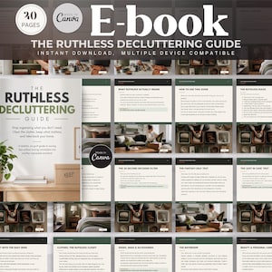 Peut inclure: Un livre numérique intitulé The Ruthless Decluttering Guide comprenant 20 pages de conseils d'organisation. La couverture affiche le titre en texte vert foncé et noir sur fond blanc avec une plante et une boîte étiquetée KEEP.
