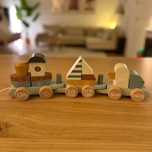 Op de afbeelding: Een houten speelgoedtrein met drie wagons. De eerste wagon heeft een klein huisontwerp, de tweede een zeilboot en de derde een eend. De trein is geschilderd in pastelkleuren en heeft de naam "Ellie" op de eerste wagon.