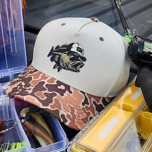 Git Bass Patch Hat, Funny Bass Fishing Hat, White and Duck Camo Cotton Twill Legacy Tucker Hat