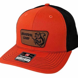 Squirrel Camp Rawhide Patch Hat, Hunting Squirrel Hat, Blaze Orange and Black Richardson 112 Trucker Hat