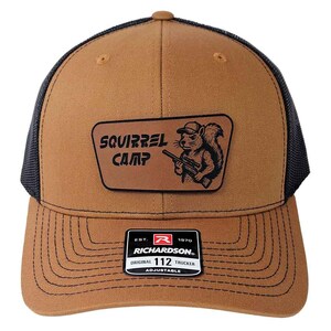 Squirrel Camp Rawhide Patch Hat, Hunting Squirrel Hat, Brown Richardson 112 Trucker Hat