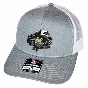 May include: Gray and white trucker hat with a fish graphic wearing sunglasses and a hat. The hat has a curved brim and a mesh back. The graphic is on the front of the hat. The hat has the text "G.I.T." on the fish's hat.