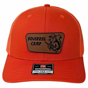 Squirrel Camp Rawhide Patch Hat, Hunting Squirrel Hat, Blaze Orange Richardson 112 Trucker Hat