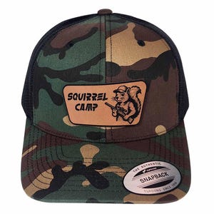 Squirrel Camp Rawhide Patch Hat, Hunting Squirrel Hat, Camo Yupoong Trucker Hat