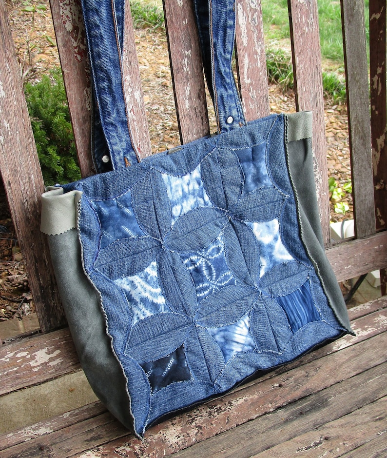 Shibori Tie Dye Denim Cathedral Quilt Suede bag purse tote | Etsy