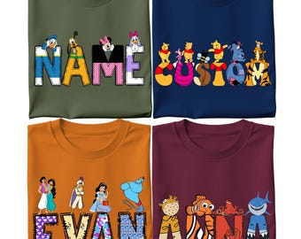 Alfabeto de personajes de Disney, camiseta de viaje familiar de Disney, camiseta a juego para la familia Disney, camiseta personalizada con todos los personajes de Disney, camiseta para grupos de Disney
