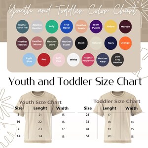 May include: A color chart for youth and toddler t-shirts, featuring a variety of colors like Heather Deep Teal, Kelly, and Maroon. The image also includes size charts for youth and toddler sizes, with measurements in inches.