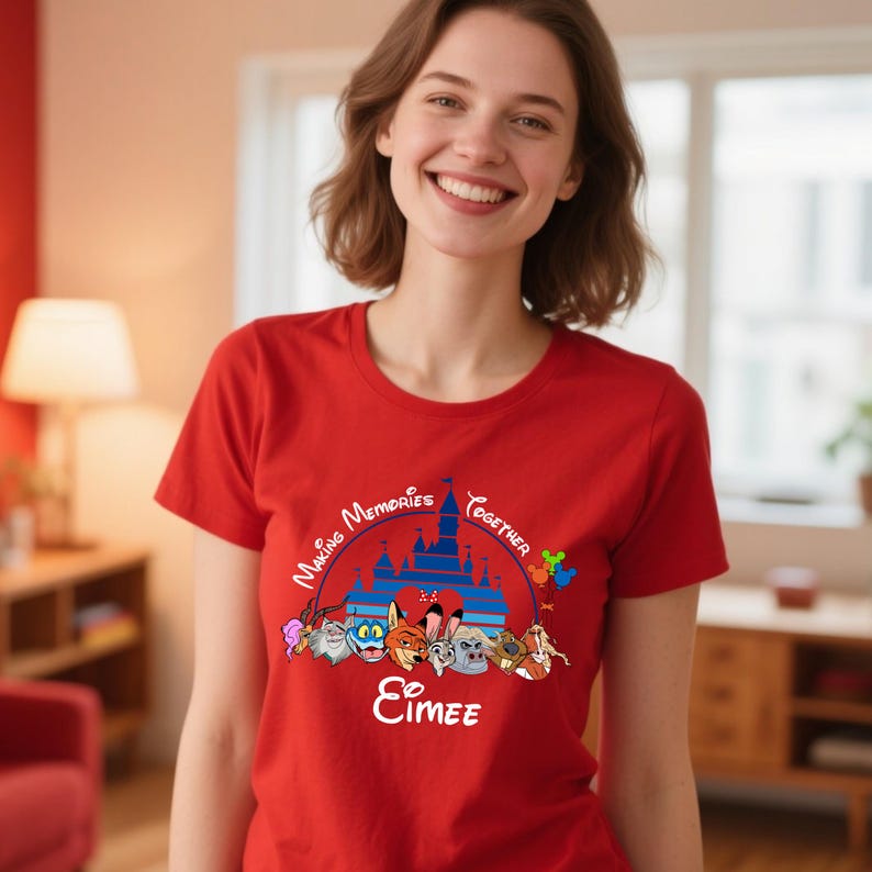 Puede incluir: Una camiseta roja con la frase "Making Memories Together" y el nombre "Eimee". El dise&ntilde;o incluye un castillo azul y personajes de dibujos animados. La camiseta es de manga corta.