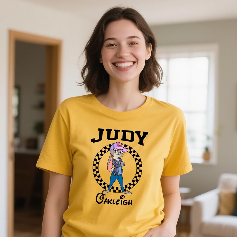 Puede incluir: Camiseta amarilla mostaza con una ilustraci&oacute;n de dibujos animados de Judy Hopps de Zootopia. El dise&ntilde;o muestra a Judy con una chaqueta vaquera y una gorra rosa, dentro de un c&iacute;rculo a cuadros blanco y negro. El nombre "JUDY" est&aacute; impreso encima de la imagen y "Oakleigh" debajo.