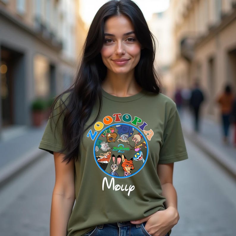 May include: Olive green t-shirt featuring a colorful circular graphic with the word "ZOOTOPIA" and cartoon characters. Below the graphic is the name "Moup" in white script. The shirt has short sleeves and a crew neck.