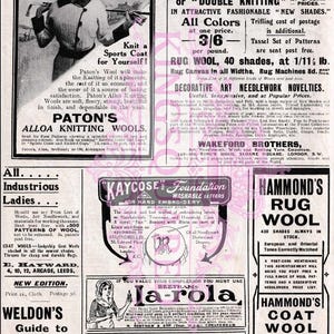 Puede incluir: Un anuncio antiguo de lanas para tejer y suministros de costura, con marcas como Paton's Wools y Hammond's Rug Wool. El anuncio incluye ilustraciones y texto que promocionan varios productos, incluyendo lana para alfombras y lana para abrigos.
