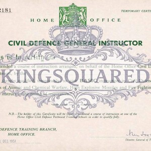 May include: Vintage Civil Defence General Instructor certificate from the Home Office, dated December 11, 1951. The document features ornate scrollwork, a crown emblem, and text detailing training in atomic and chemical warfare.