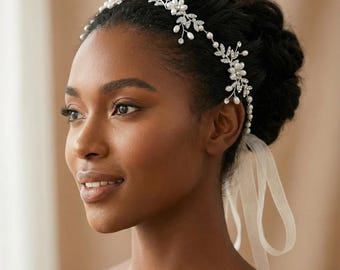 Pearl Crystal Bridal Headband, Silver Wedding Hair Vine, Rhinestone Bridal Headpiece, Bridal Hair Accessory